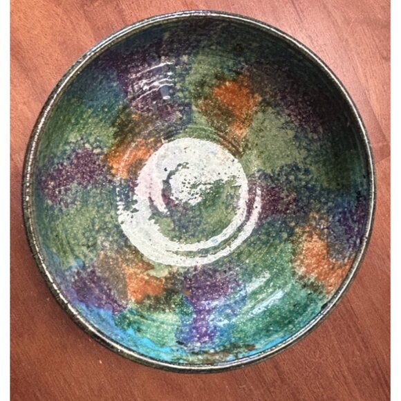 Handcrafted 2010 signed Malsnee Pottery Bowl Multicolor Glaze green purple orang - Picture 16 of 16